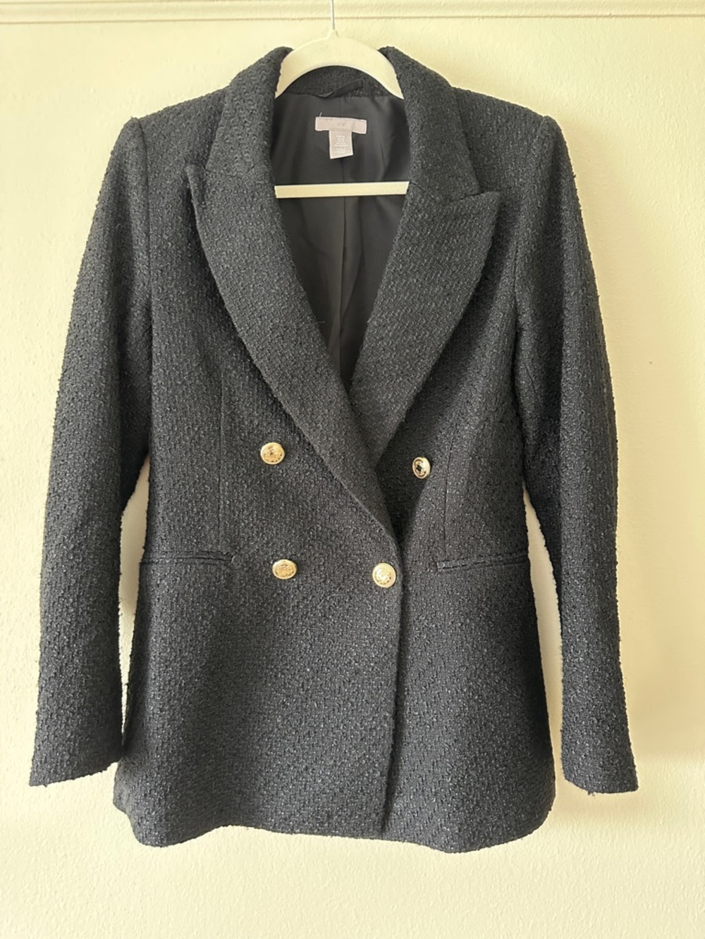 H&M Black Bouclé Double-Breasted Blazer with Gold Buttons